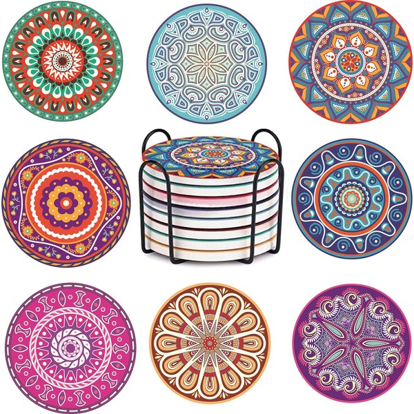 Set of 8 Drink Coasters, Absorbent Ceramic Coasters Set, Round