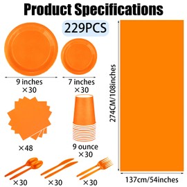 TWOWYHI 229PCS Orange Party Supplies Set Paper Disposable Plates Cups Plastic Spoons Forks Knives Orange Napkins Severs 30Disposable Party Dinnerware for Wedding Birthday Party 1PCS Table Cover