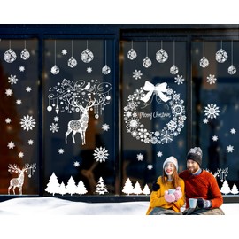 Super Huge Christmas Window Clings Static Snowflake Christmas Decorations, Reindeer Xmas Decor Winter Wonderland Decorations Window Stickers Decals for Indoor Christmas Decoration Party (4 Sheets)