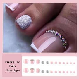 24pcs Stick On Toenails - White French Tip Toe Nails - Glitter False Toe Nails With Rhinestone - Short Square Press On Toesnails - Acrylic Full Cover Fake Toenails With Glue For Nail Decoration