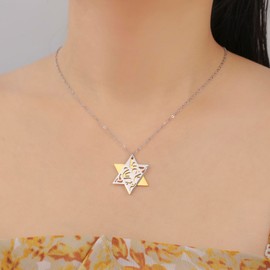 EUEAVAN Jewish Prayer Shema Yisrael Necklace for Women Two Tone Star of David Necklace Hear O Israel Pendant Judaica Sh'ma Yisrael Jewelry Hebrew Kabbalah Blessing Gift Men (A- Two Tone silver)