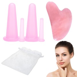 PWCTNT Schröpfen Gesicht,Gua Sha,6 Stück Schröpfgläser Gua Sha Stein mit Aufbewahrungsbeutel,2 Größen Silikon Schröpfgläser Silikon,Gua Sha Rosenquarz Guasha für Schönheit Hautpflege
