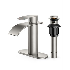 FORIOUS Waterfall Bathroom Faucet 1 Hole, Brushed Nickel Single Handle Bathroom Sink Faucets for 1 or 3 Hole with Deck Plate, Metal Pop up Drain, cUPC Hoses for Vanity, Basin, Rv, Lavatory Sink
