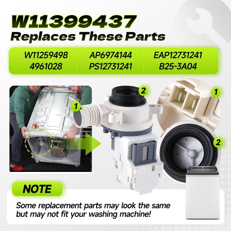 W11399437 W11259498 Washer Drain Pump Assembly Compatible with Whirlpool Maytag