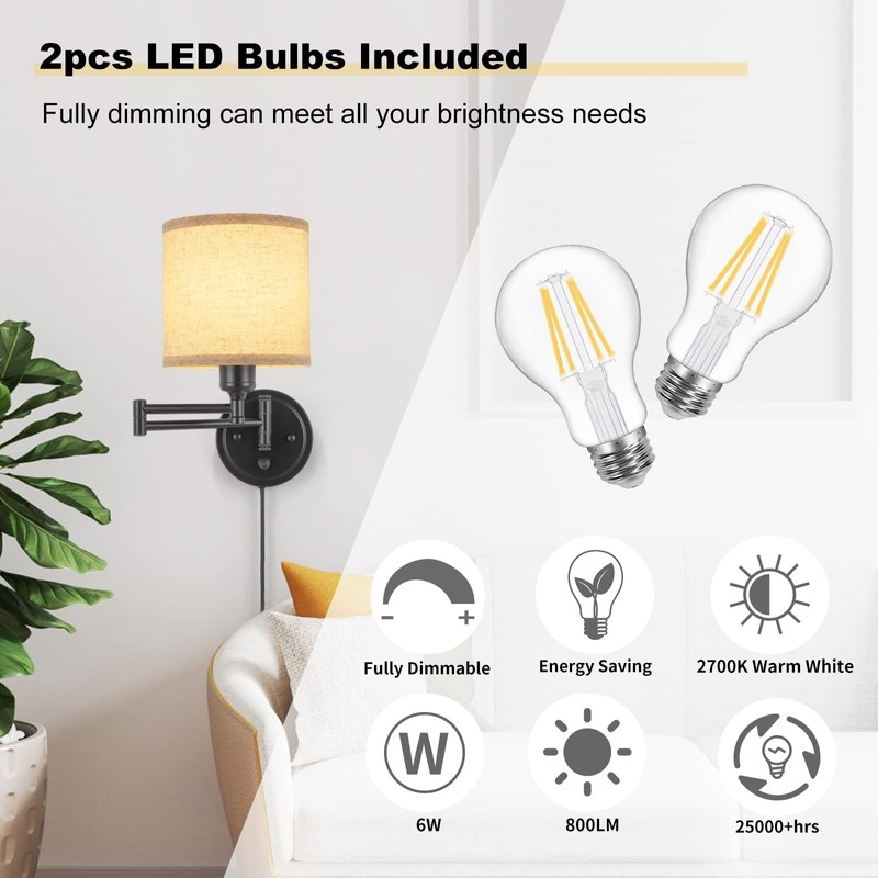 GOODATE ENCOMLI Dimmable Plug in Wall Sconces, Swing Arm Wall