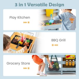 Costzon Mud Kitchen, 3-in-1 Double-Sided Kids Kitchen, BBQ Grill & Grocery Playset with Sink, Faucet, Blackboard, Storage Bag & Baskets, Indoor Outdoor Play Kitchen Gifts for Boys Girls 3+