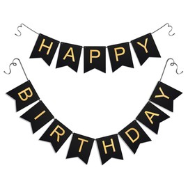 Black Happy Birthday Banner - Hanging Backdrop Sign With Gold Letters, Happy Birthday Sign Bunting Decorations For Men Women Kids Baby Shower Party Supplies (13pcs)