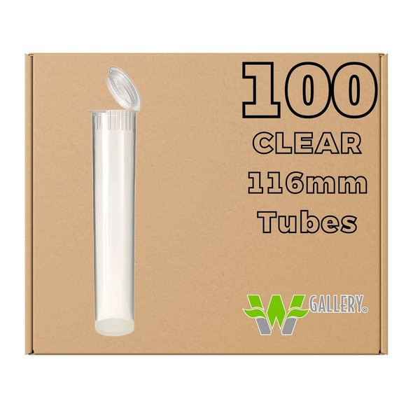W Gallery 100 Clear 116mm Tubes, Pop Top Joint is Open, Smell-Proof Pre-Roll Blunt J Oil-Cartridge BPA-Free Plastic Container Holder Vial fits RAW Cones 110mm 109mm King Lean 98 Special, 120mm