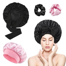 2 Stück Satin Haarhaube,Seidenhaube,Nacht Schlafhaube Mit Elastischem Band,Schlafhaube Haare Schützen,Satinhaube Zum Schlafen,Haarnetz Für Damen Und Mädchen(Schwarz+Rosa)