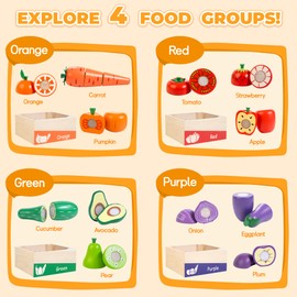 WOODMAM Wooden Play Food for Toddlers, Color Groups & Fruit Cutting Set