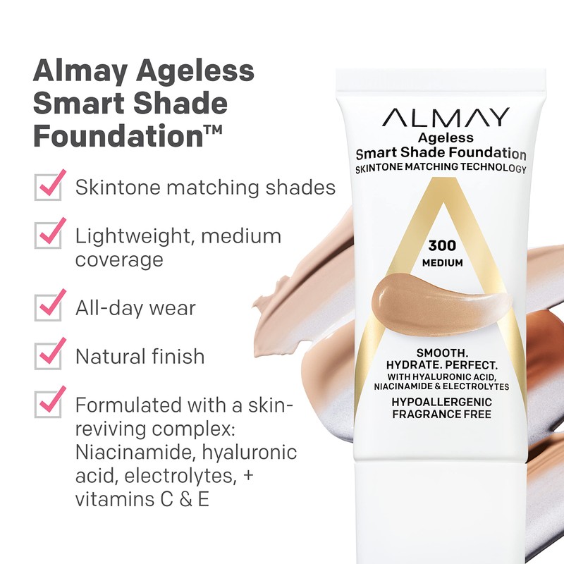 Almay Anti-Aging Foundation, Smart Shade Face Makeup with Hyaluronic Acid,
