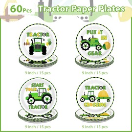 60Pcs Tractor Paper Plates 9" Green Cartoon Tractor Heavy Duty Paper Plates