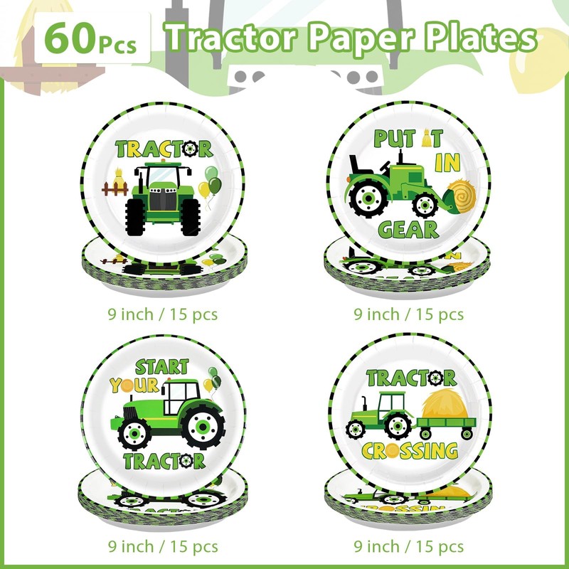 60Pcs Tractor Paper Plates 9" Green Cartoon Tractor Heavy Duty