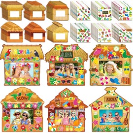 Kigley 48 Pack Hawaiian Picture Frames Craft with Stickers - Bulk DIY Summer Luau Picture Frame Craft Kit Aloha Tiki Bar Hut Photo 2 x 3 in Beach Hawaiian Theme for Tropical Summer Party Decoration