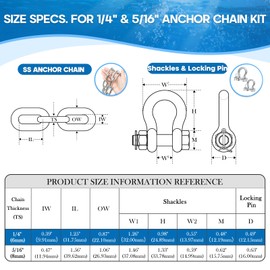 hannger 1/4" Boat Anchor Kit, T316 Stainless Steel Marine Grade Heavy Anchor Chain 10 Ft Lengths with 2 Pcs Anti-Off Double Shackle Link Ends for Boats, Pontoon, Deck, Fishing, and Sail