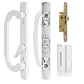 Sliding Patio Door Handle Replacement with Zinc Diecast I/E Pulls, Offset Thumbturn - Fits 1-3/8" to 2-1/4" Thick Door, 3-15/16" Hole Spacing, Non-Handed, with Mortise Lock + Keeper