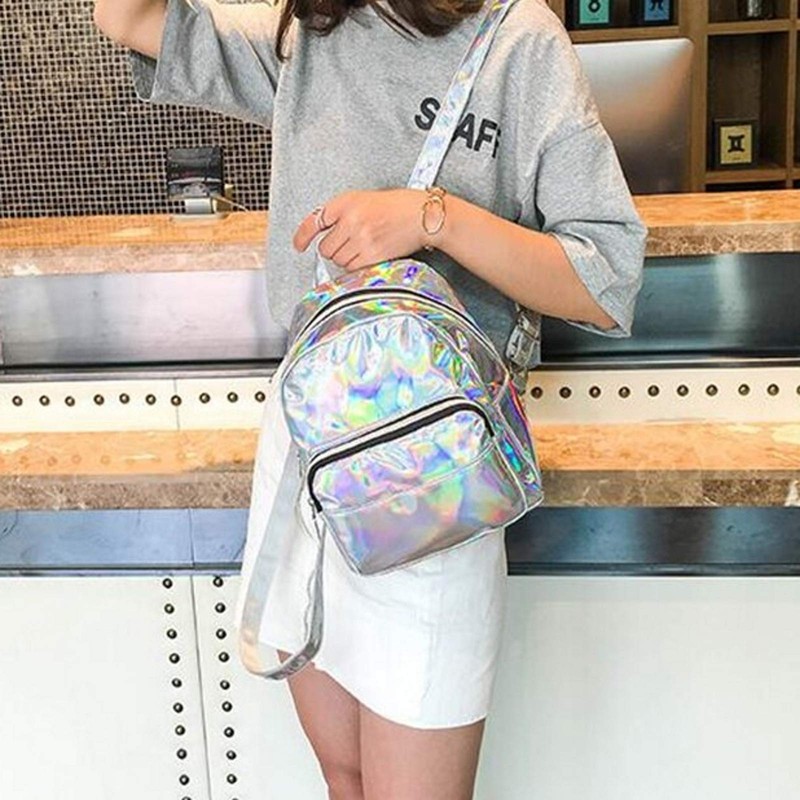 APOSITV Women's Backpack, Metallic, Small, Silver, Pink, Glitter, Lightweight, Hologram