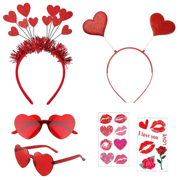 SupreLuck Pack of 2 Heart Headband + 2 Heart Glasses with 2 Heart Tattoo Stickers, Cupid Costume for Carnival, Valentine's Day, Wedding, Theme Party, Photo Props