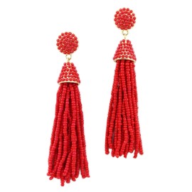 Styles I Love Red and Gold Hand Beaded Pearl Seed Bead Tassel Earrings