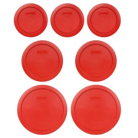 Pyrex Poppy Red (3) 7200-PC, (2) 7201-PC, & (2) 7402-PC Round Plastic Food Storage Replacement Lids, Made in USA