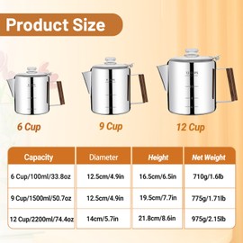 Vaolvpant No Coating 9 Cup Percolator Coffee Pot 304 Stainless Steel Moka Pot Stovetop Espresso Maker Italian Greca Cuban Machine 1500ml 50.7oz Suitable for Gas Induction Stovetop Camping Kettle