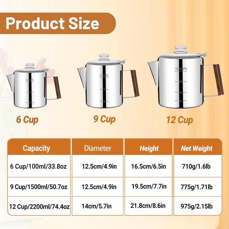 Vaolvpant No Coating 9 Cup Percolator Coffee Pot 304 Stainless