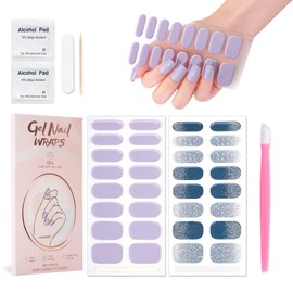 JERCLITY 2 Sheets 32pcs Semi Cured Gel Nail Strips, Gel Nail Wraps Needed LED Lamp to Cured, Ease to Use and Removal, 2 Prep Pads,1 Nail File,1 Wooden Cuticle Stick(Lavender Purple+Winter Ice Snow)