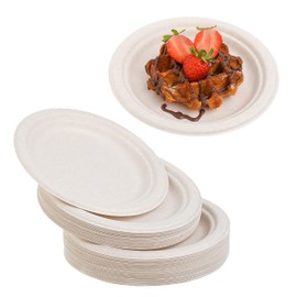 STACKABLES ~ 50 Pack Natural Colored Biodegradable Bagasse 7 inch Dinner Plates Eco Friendly Compostable Party Paper Plates ~ 17.8cm Round Disposable Sugercane Plates For Weddings Receptions & Parties