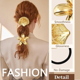 3PCS Gold Hair Ties, Metal Hair Ties for Thick Hair, Elegant Durable Geometric Design, Gold Hair Accessories Stretchy and Non-Damage Ponytail Holders, Ocean Pattern 3 Style