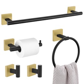 5 Pieces Bathroom Hardware Set, Black Gold Towel Bar Set Includes 23.6” Towel Bar, Towel Ring Holder, Toilet Paper Holder and Two Towel Hooks, Bathroom Accessories Set SUS304 Wall Mounted