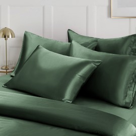 Ersmak 6 Pieces Satin Duvet Cover Full/Queen Size Luxury Silky Bedding Duvet Cover Set with 1 Soft Duvet Cover, 4 Queen Pillowcases and 1 Body Pillowcase, Emerald Green