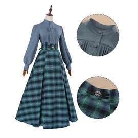 FCCAM Victorian Dress Costume Women Checked Dresses Medieval Dress Women Vintage Blouse with Checked Skirt XL