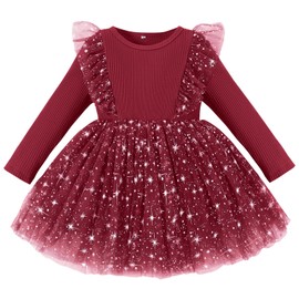 Kionio Toddler Girl Dresses Knit Long Sleeve Girls Sweater Sequin Tulle Dress Ruffle Fall Winter Baby Tutu Christmas Birthday Wine Red