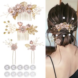 4Pcs Wedding Hair Accessories for Women, Classy Bridal Hair Pins Flower Bridesmaid Hair Accessories 10Pcs Spiral Pearl Hair Pins for Brides Bridesmaids Women Girls (Pink)