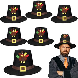 Colingmill 6 Pcs Felt Pilgrim Hats Adult Black Pilgrim Hat with Turkey Decoration Thanksgiving Novelty Costume Top Hats for Thanksgiving Party Cosplay Costume Accessories, One Size