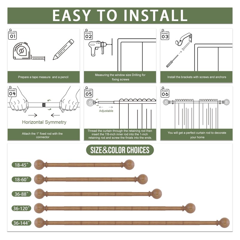 HTZON Wood Curtain Rods for Windows 48 to 84 Inch,1