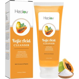 Healov- Jabón de ácido kójico: gel de baño para rostro y cuerpo con papaya kójica que ilumina la piel para la hiperpigmentación y las manchas oscuras