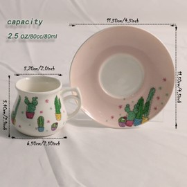 GuangYang Porcelain Espresso Cups with Saucers - 2.5 Ounce - Set of 6, Cactus Pattern for 6-13 Years Old
