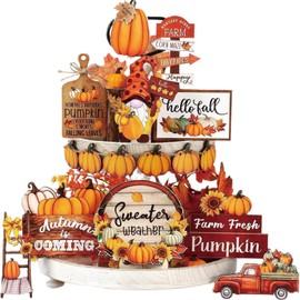 16 Pcs Fall Tiered Tray Decor Set Thanksgiving Wooden Home Decorations,Include Pumpkins Gnome Maple Leaves Wooden Sign Decorations,Used for decorating Thanksgiving dining tables in family farmhouses.