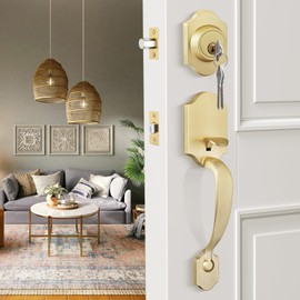 Haidms Gold Front Door Handle and Deadbolt Set, Front Door Lock Set, Gold Entry Door Locksets with Deadbolt Single Cylinder, Exterior Door Handle with Reversible Handle Lever