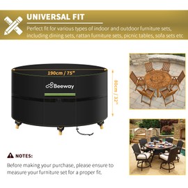 BEEWAY Garden Table Cover Round Waterproof with Air Vent, Patio Furniture Table and Chair Set Cover Outdoor - 420D Oxford Fabric, Windproof - Circular Φ190 x 80cm