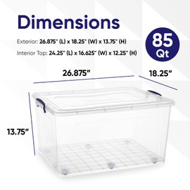 Superio Clear Storage Boxes with Wheels (2 Pack), 85 Qt Heavy Duty Containers with Lids, Stackable Rolling Bins for Home, Garage, Closet Organization- Linen, Tools, Clothing, Supplies