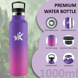 Stainless Steel Drinking Bottle, 1 Litre, BPA-Free, Drinking Bottle with Straw, Double-Walled Vacuum Insulated, Sports Water Bottle, with Filter, Leak-Proof, for Hiking, Fitness, Camping