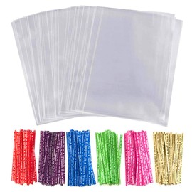 Cellophane Treat Bags 100 Pcs Clear Cello Candy Cookie Lollipop Bakery Dessert Cello Flat Goodie Bag with 100 Twist Ties Resealable 5" x 6"