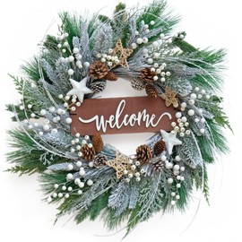Pinkpuii Winter Wreaths for Front Door 24 Inch Outdoor Christmas Wreath with Welcome Signs,Flocked Winter Door Wreath with Pinecones and White Berries,Green Evergreen Spring Wreath for Holiday Decor