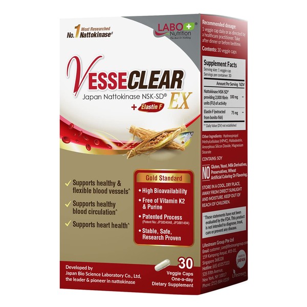 LABO Nutrition VesseCLEAR EX: Nattokinase NSK-SD+Elastin F for Clean & Flexible Blood Vessel. Japan's Most Clinically Studied, Functional Dose, Acid-Resistant/Delayed Release Capsules