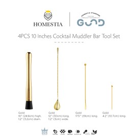 Homestia 4 Pcs Muddler for Cocktails, 10 Inch Muddler,12 Inch Bar Spoon, 7.5'' Swizzle Sticks and 4'' Cocktail Picks, Stainless Steel Cocktail Accessories for Drink Mojitos and Fruit Drinks (Gold)
