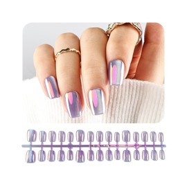JODSONE 30PCS Light Purple Metallic Mirror Effect Fake Nails Magic Mirror Press On Nails, Metal Chrome Square Stick On Nails Reusable High Shine Elegant Nail Designs