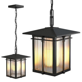 Yoenecea Outdoor Pendant Light Fixture, Soptted Black Aluminum Hanging Porch Lights Outdoor with Ribbed Glass, Exterior Pendant Lights with Adjustable Chain for Patio Corridor (Max 43.9''H, 1 pc)