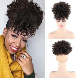 AISAIDE High Afro Puff Drawstring Ponytail Bun with Bangs for Black Women Short Afro Kinky Curly Ponytail Extension Clip in Hair Extensions Pineapple Synthetic Nature Black Ponytail with Two Clips(2#)